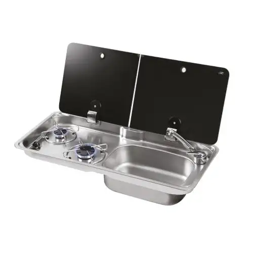 LAVELLO INOX CON PIANO DI COTTURA A GAS CON 2 FUOCHI FL1765 VASCA DX