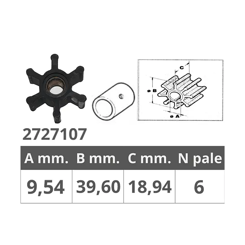 GIRANTE 6 PALE MISURE A MM.9,54 B MM.39,60 C MM.18,94 CON GUARNIZIONE E GRANO