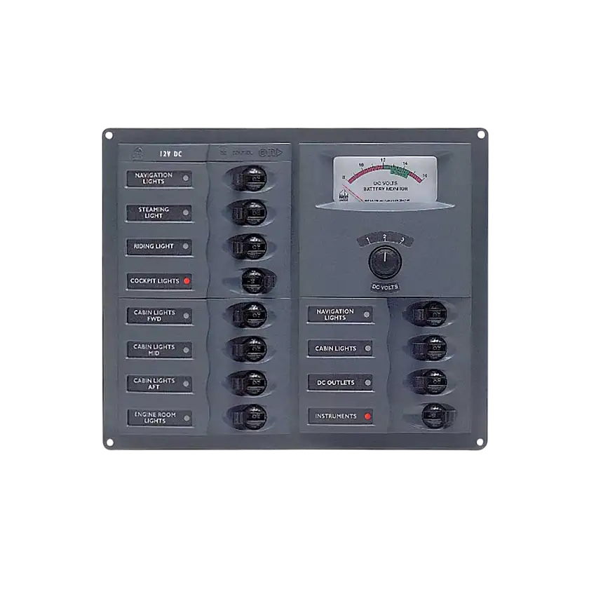 Quadro elettrico con 12 interruttori CC e voltmetro analogico