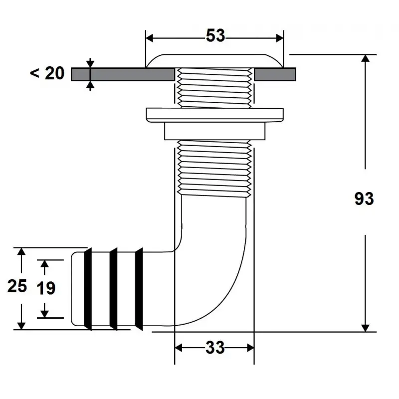 Scarico a mare Gomito 90° tubo Ø 20mm , PA, Bianco