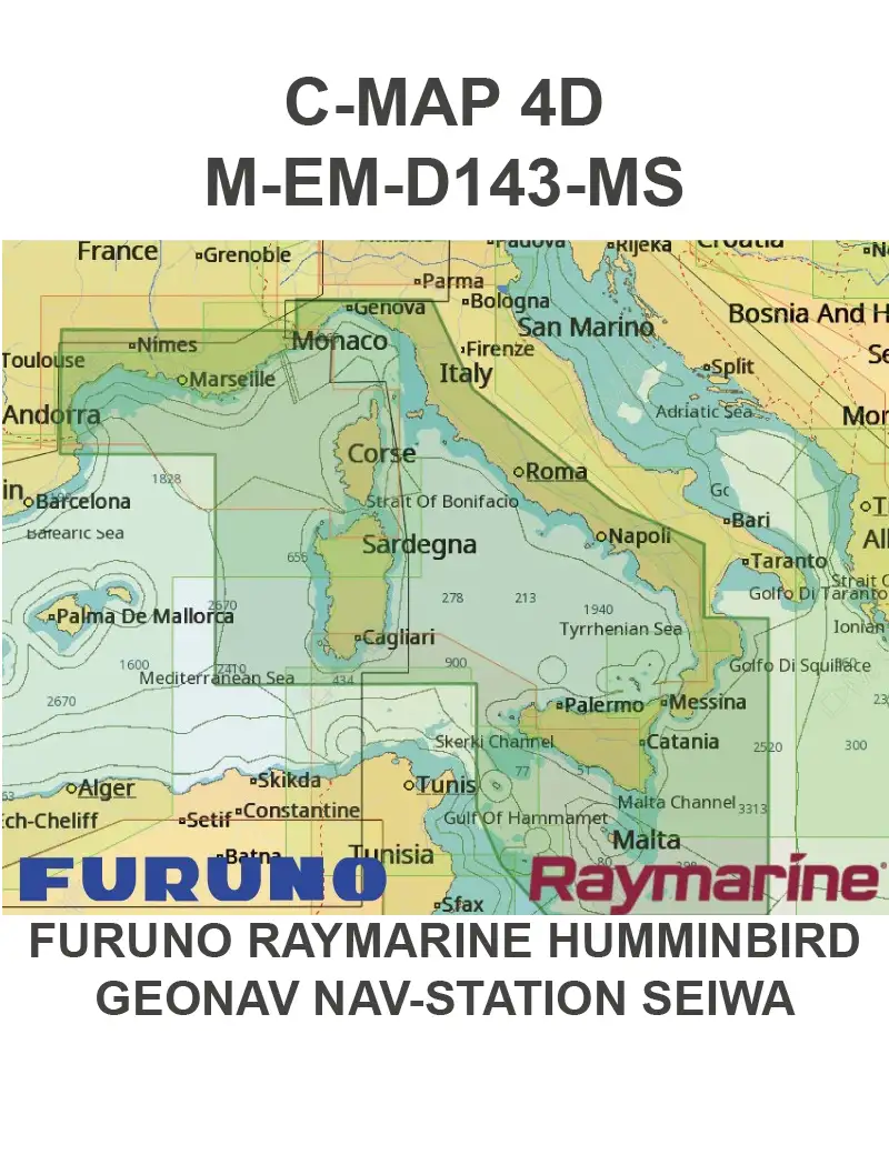 C-Map M-EM-D143-MS 4D Mediterraneo Centrale FURUNO, RAYMARINE, HUMMINBIRD, GEONAV, NAV-STATION, SEIWA